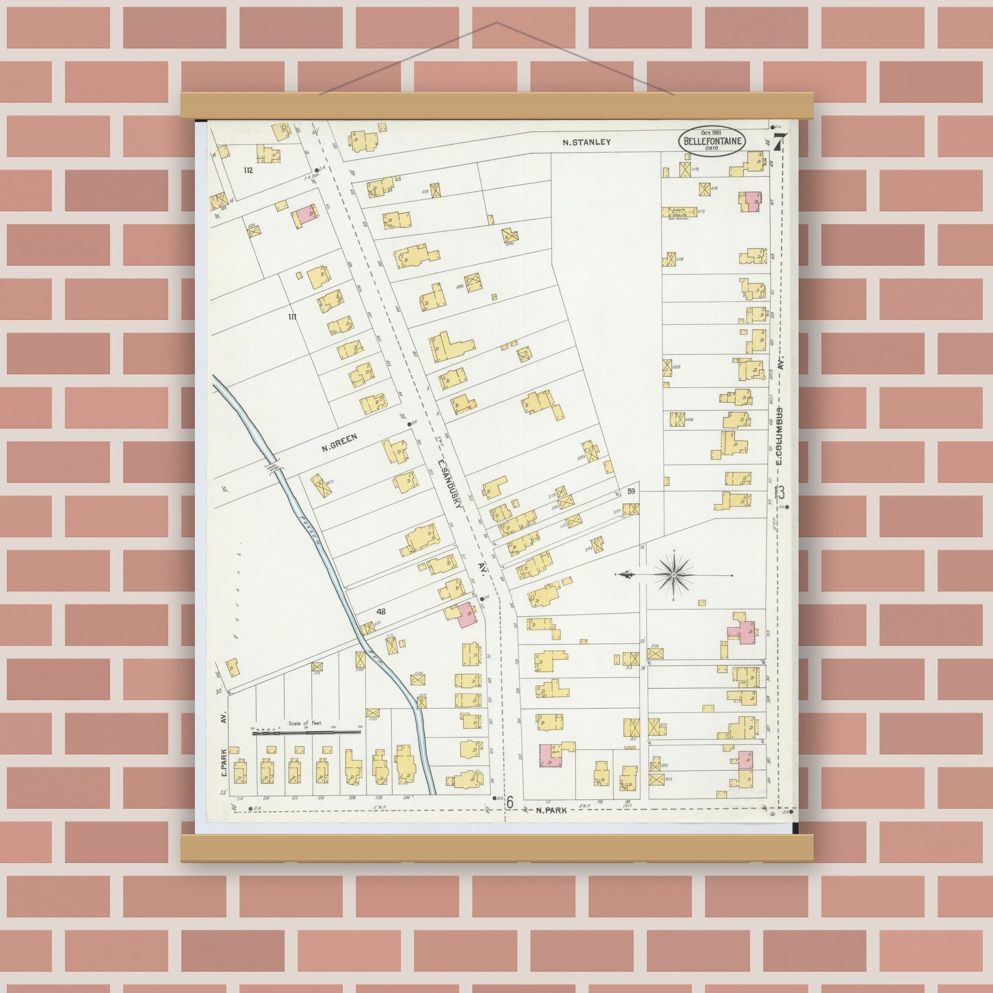 Old map wall art mockup — magnetic wood frame on brick wall — Sanborn Fire Insurance Map from Bellefontaine, Logan County, Ohio (1901), Sheet #0007