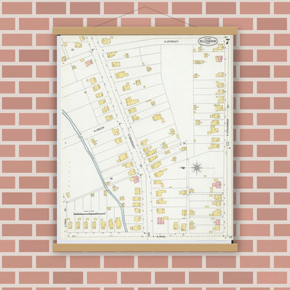 Old map wall art mockup — magnetic wood frame on brick wall — Sanborn Fire Insurance Map from Bellefontaine, Logan County, Ohio (1901), Sheet #0007
