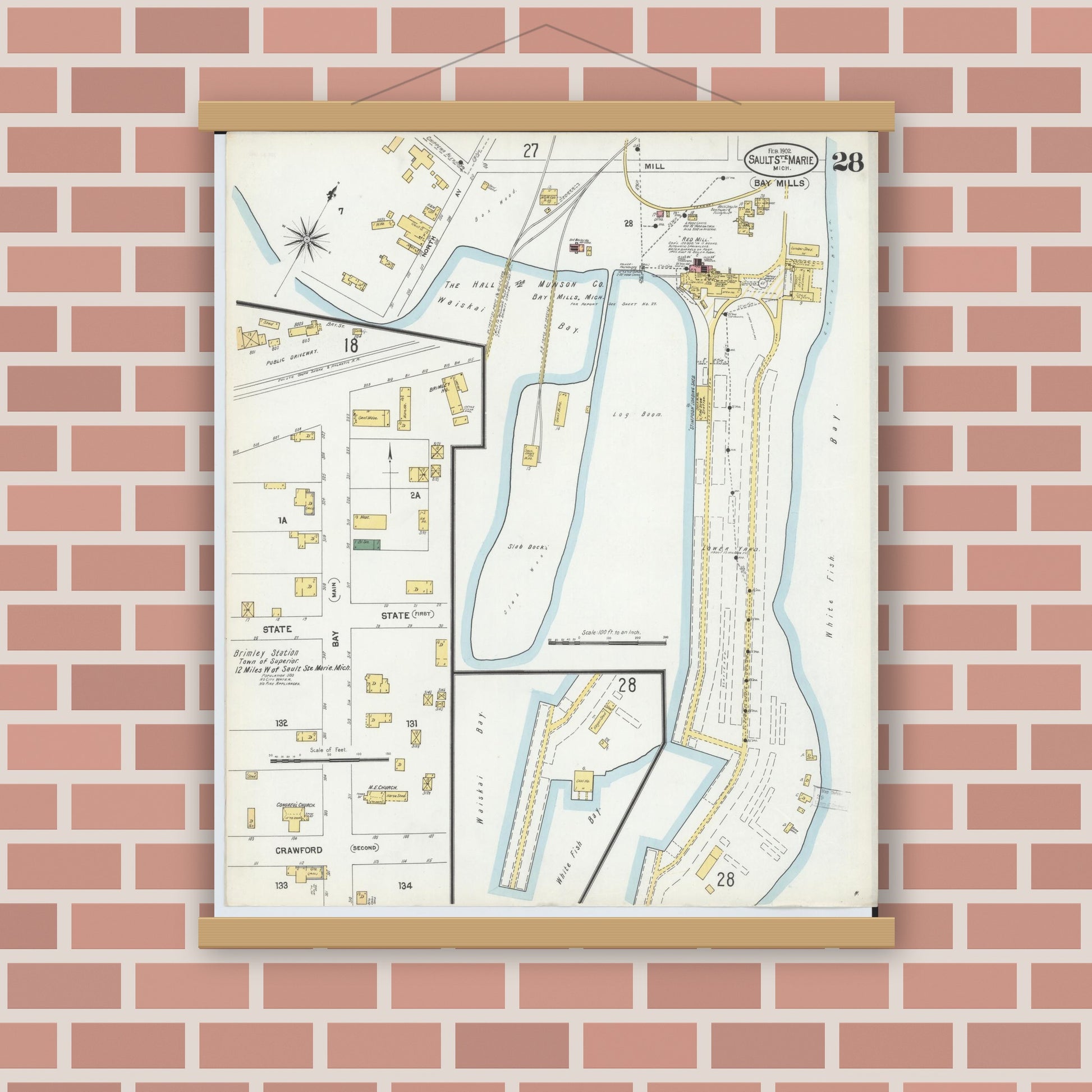 Old map wall art mockup — magnetic wood frame on brick wall — Sanborn Fire Insurance Map from Sault Sainte Marie, Chippewa County, Michigan (1902), Sheet #0028