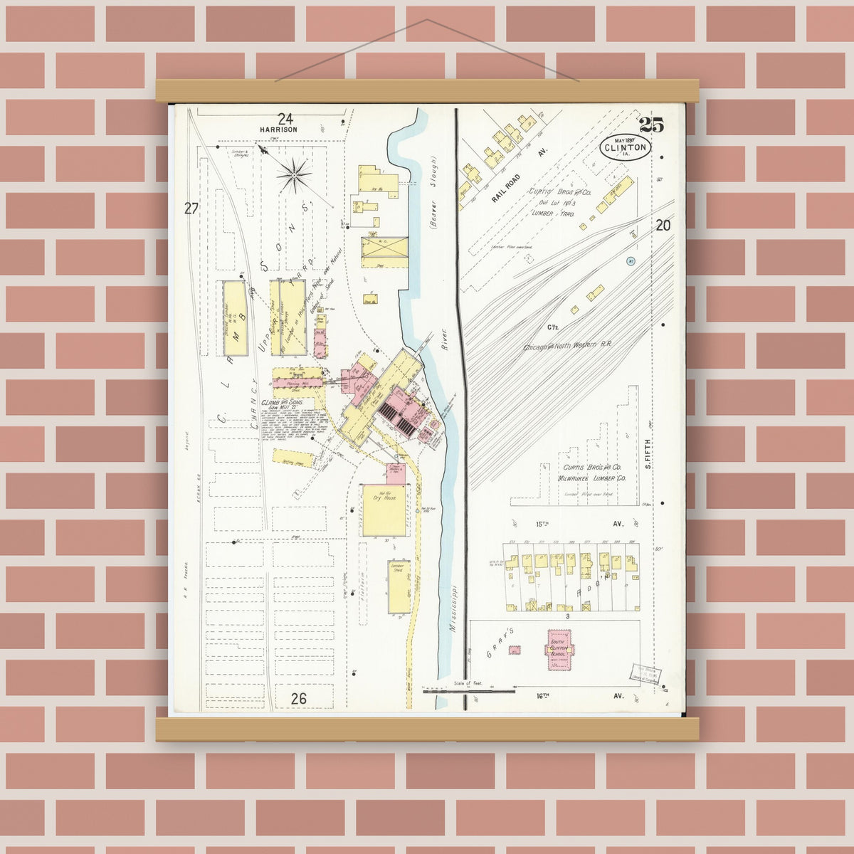 Old map wall art mockup — magnetic wood frame on brick wall — Sanborn Fire Insurance Map from Clinton, Clinton County, Iowa (1897), Sheet #0025