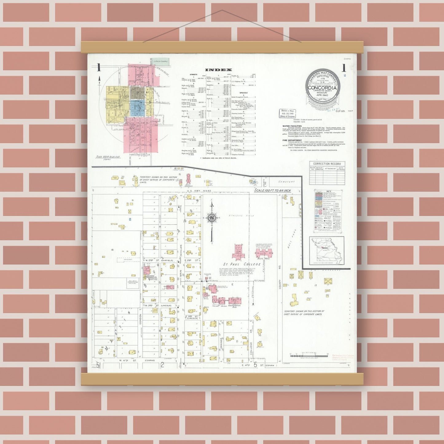 Old map wall art mockup — magnetic wood frame on brick wall — Sanborn Fire Insurance Map from Concordia, Lafayette County, Missouri (1940) - Complete Map Set