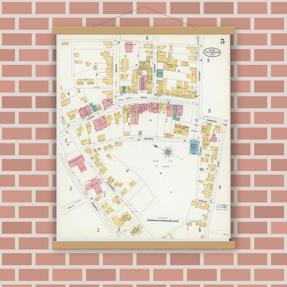 Old map wall art mockup — magnetic wood frame on brick wall — Sanborn Fire Insurance Map from Plymouth, Plymouth County, Massachusetts (1906), Sheet #0005
