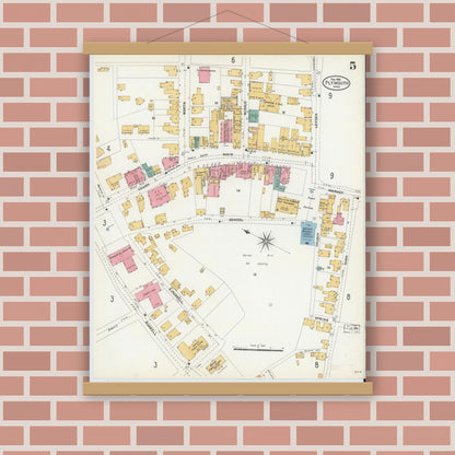 Old map wall art mockup — magnetic wood frame on brick wall — Sanborn Fire Insurance Map from Plymouth, Plymouth County, Massachusetts (1906), Sheet #0005