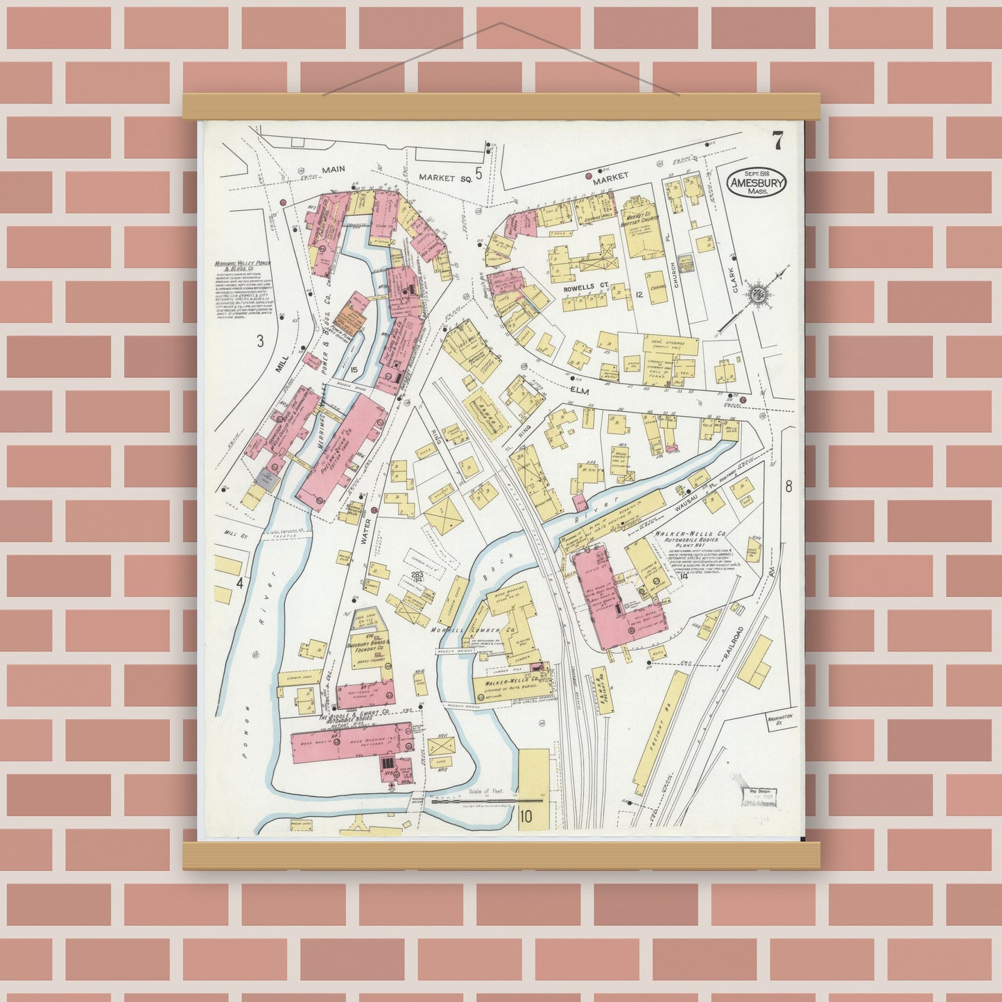 Old map wall art mockup — magnetic wood frame on brick wall — Sanborn Fire Insurance Map from Amesbury, Essex County, Massachusetts (1918), Sheet #0007