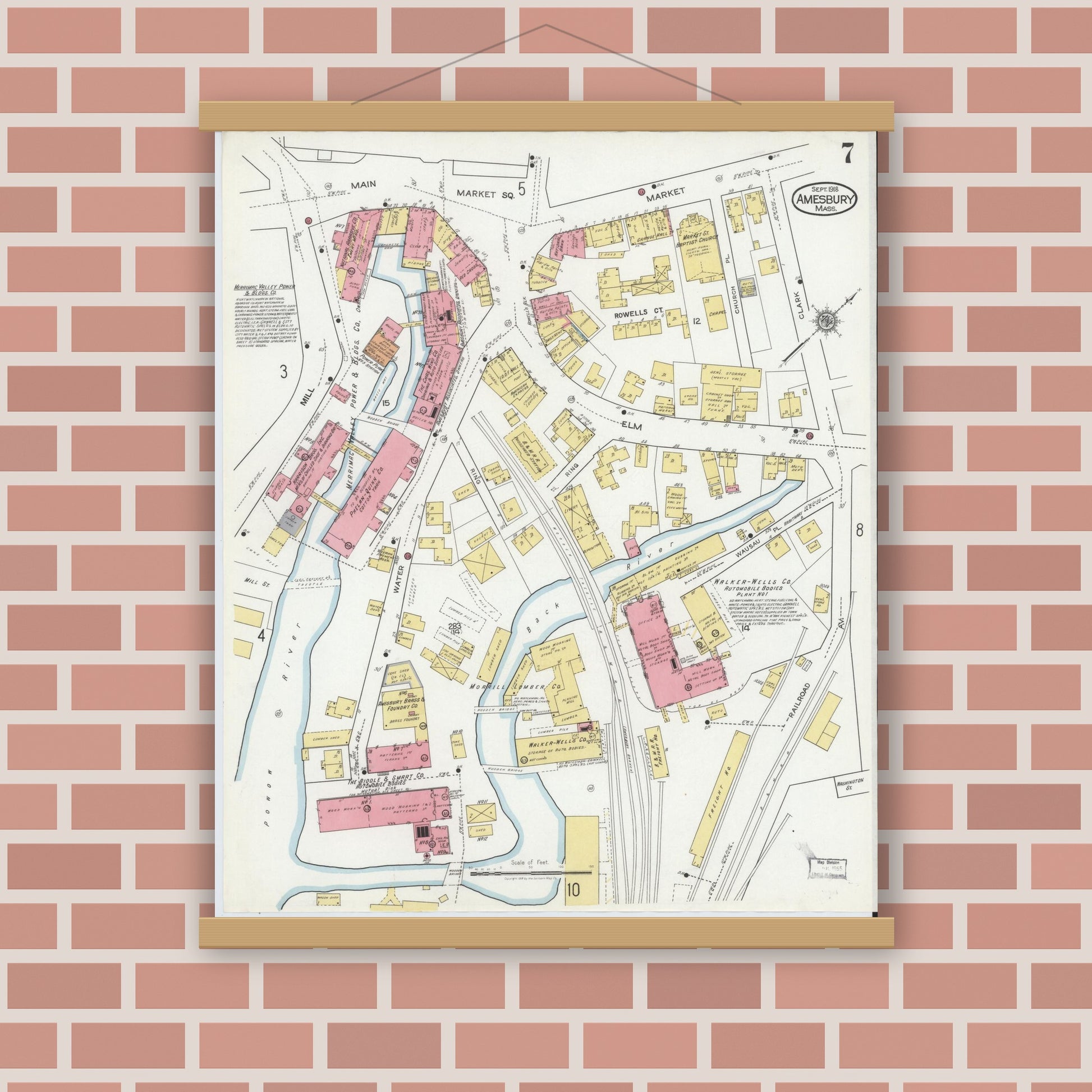 Old map wall art mockup — magnetic wood frame on brick wall — Sanborn Fire Insurance Map from Amesbury, Essex County, Massachusetts (1918), Sheet #0007