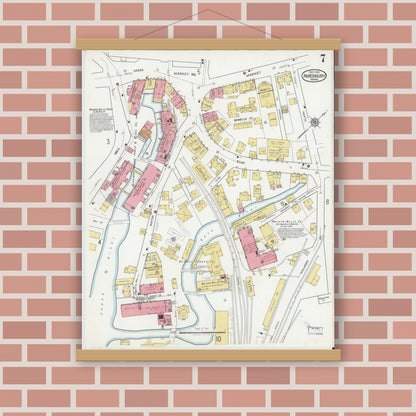 Old map wall art mockup — magnetic wood frame on brick wall — Sanborn Fire Insurance Map from Amesbury, Essex County, Massachusetts (1918), Sheet #0007