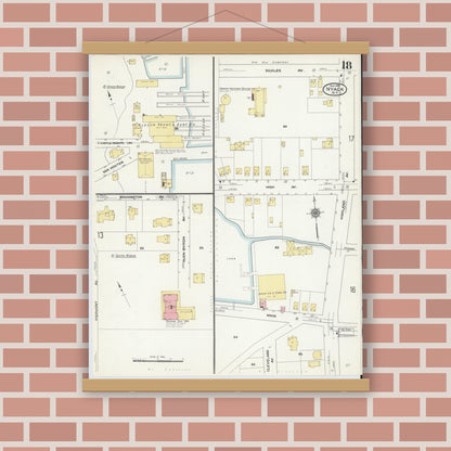 Old map wall art mockup — magnetic wood frame on brick wall — Sanborn Fire Insurance Map from Nyack, Rockland County, New York. (1910), Sheet #0018