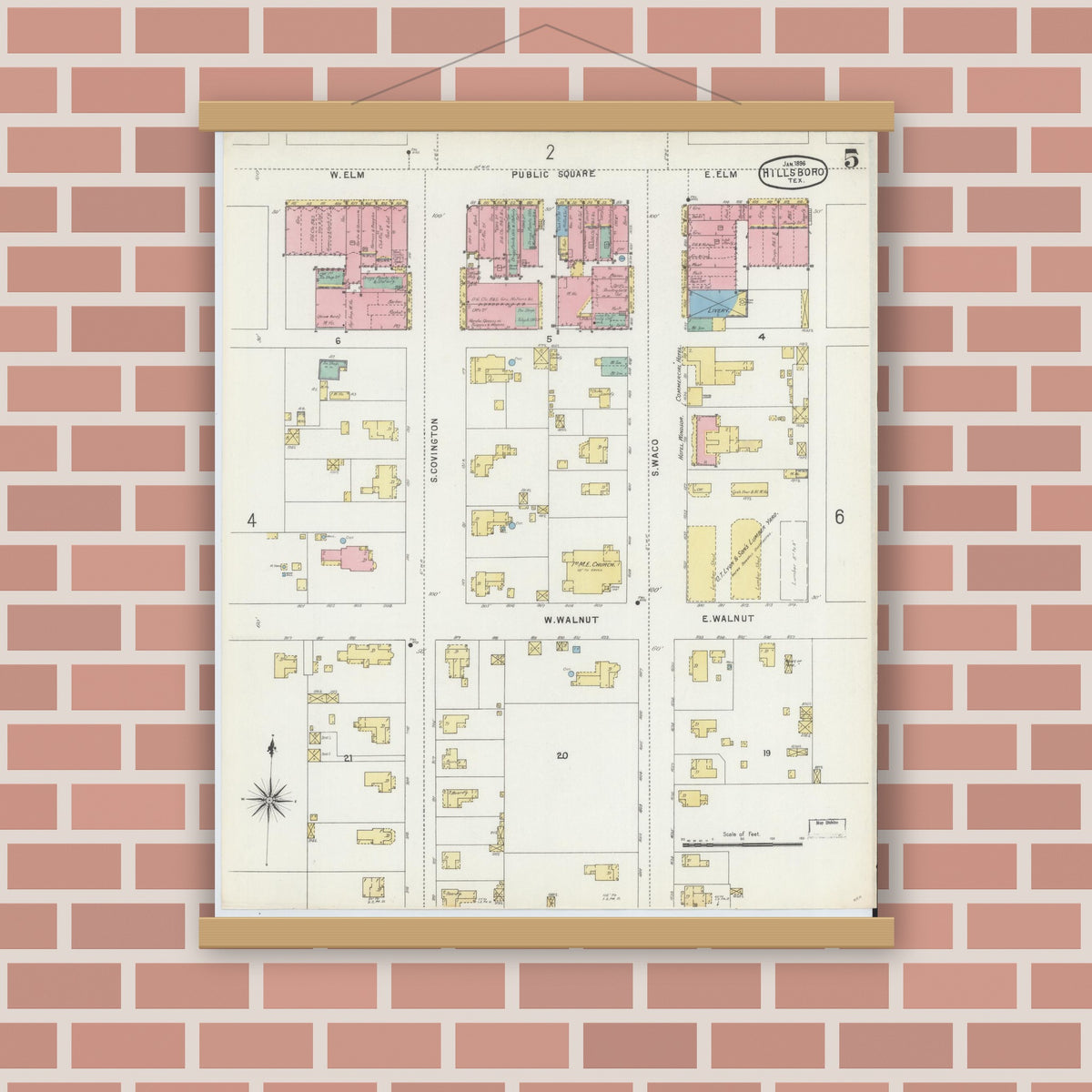 Old map wall art mockup — magnetic wood frame on brick wall — Sanborn Fire Insurance Map from Hillsboro, Hill County, Texas (1896), Sheet #0005