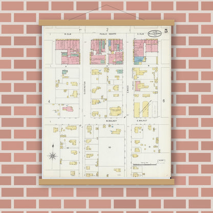 Old map wall art mockup — magnetic wood frame on brick wall — Sanborn Fire Insurance Map from Hillsboro, Hill County, Texas (1896), Sheet #0005