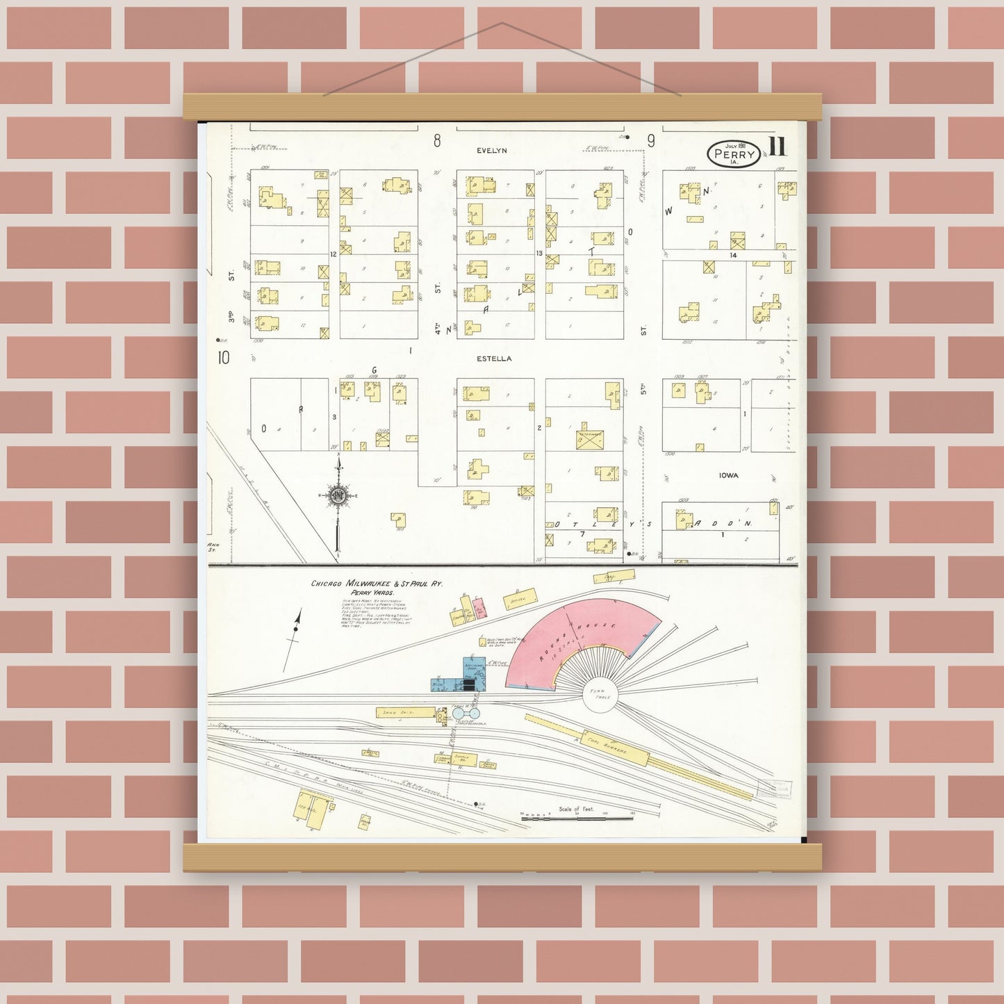 Old map wall art mockup — magnetic wood frame on brick wall — Sanborn Fire Insurance Map from Perry, Dallas County, Iowa (1911), Sheet #0011