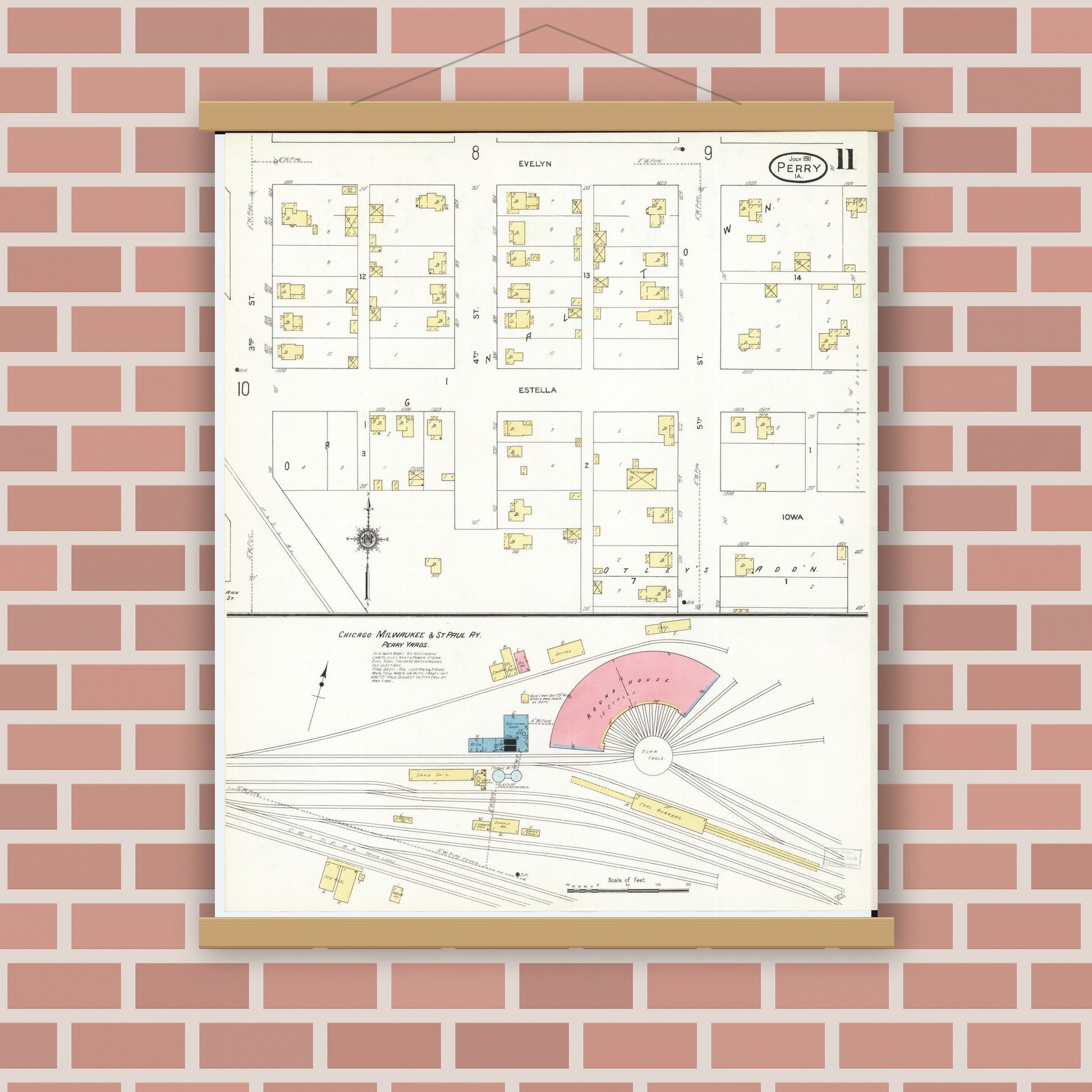 Old map wall art mockup — magnetic wood frame on brick wall — Sanborn Fire Insurance Map from Perry, Dallas County, Iowa (1911), Sheet #0011