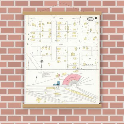 Old map wall art mockup — magnetic wood frame on brick wall — Sanborn Fire Insurance Map from Perry, Dallas County, Iowa (1911), Sheet #0011