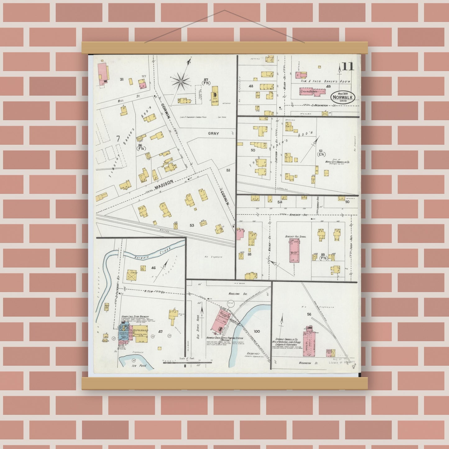 Old map wall art mockup — magnetic wood frame on brick wall — Sanborn Fire Insurance Map from Norwalk, Huron County, Ohio (1899), Sheet #0011