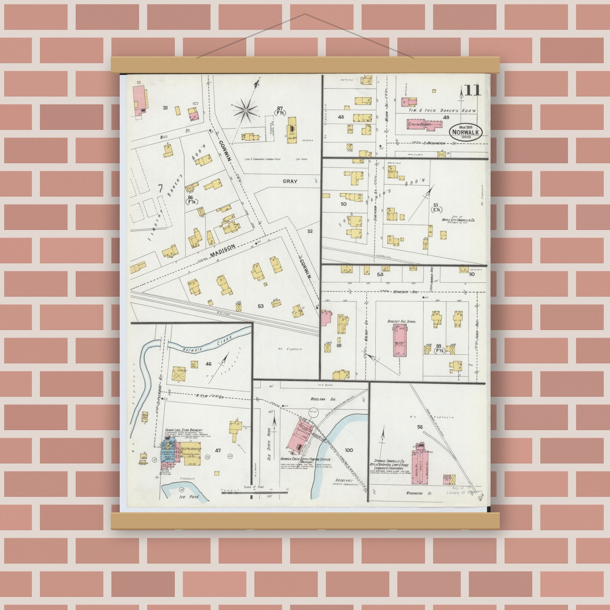 Old map wall art mockup — magnetic wood frame on brick wall — Sanborn Fire Insurance Map from Norwalk, Huron County, Ohio (1899), Sheet #0011