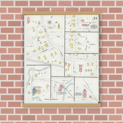 Old map wall art mockup — magnetic wood frame on brick wall — Sanborn Fire Insurance Map from Norwalk, Huron County, Ohio (1899), Sheet #0011