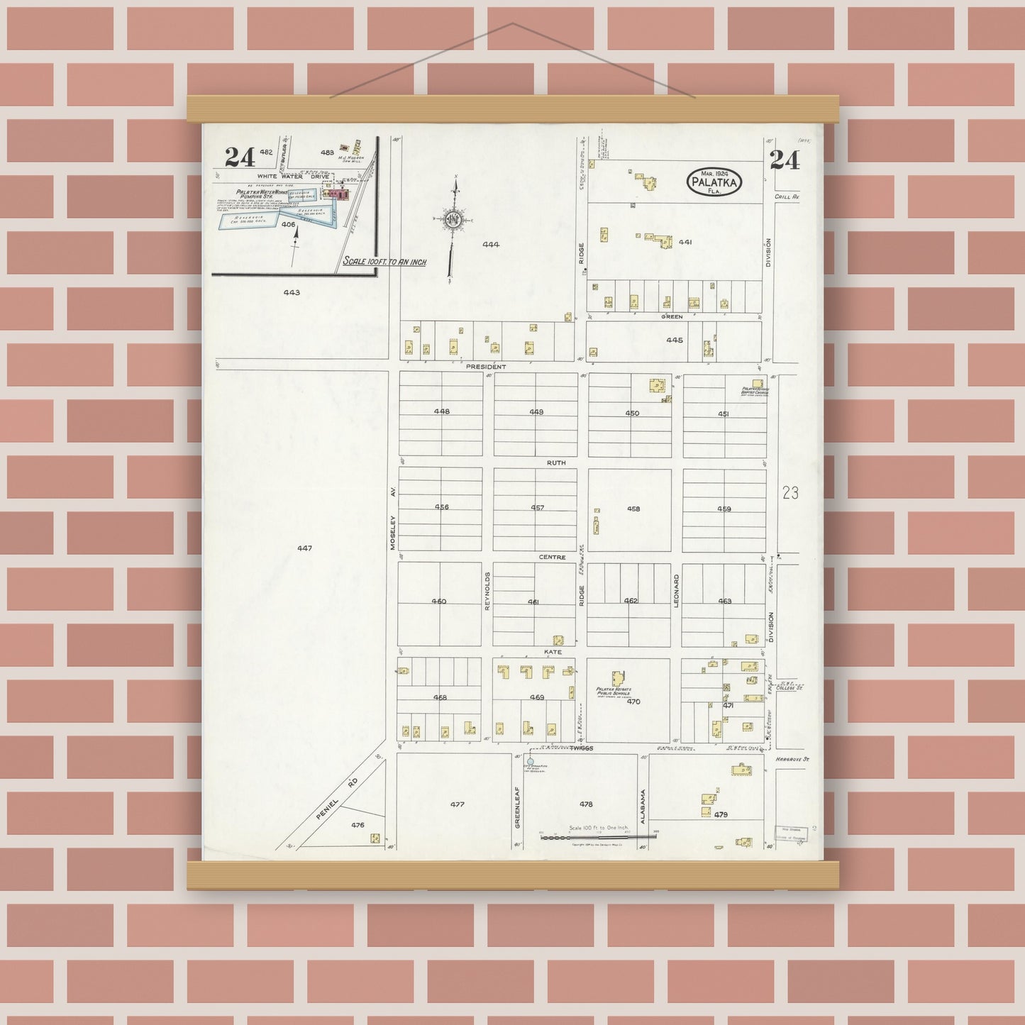 Old map wall art mockup — magnetic wood frame on brick wall — Sanborn Fire Insurance Map from Palatka, Putnam County, Florida (1924), Sheet #0024