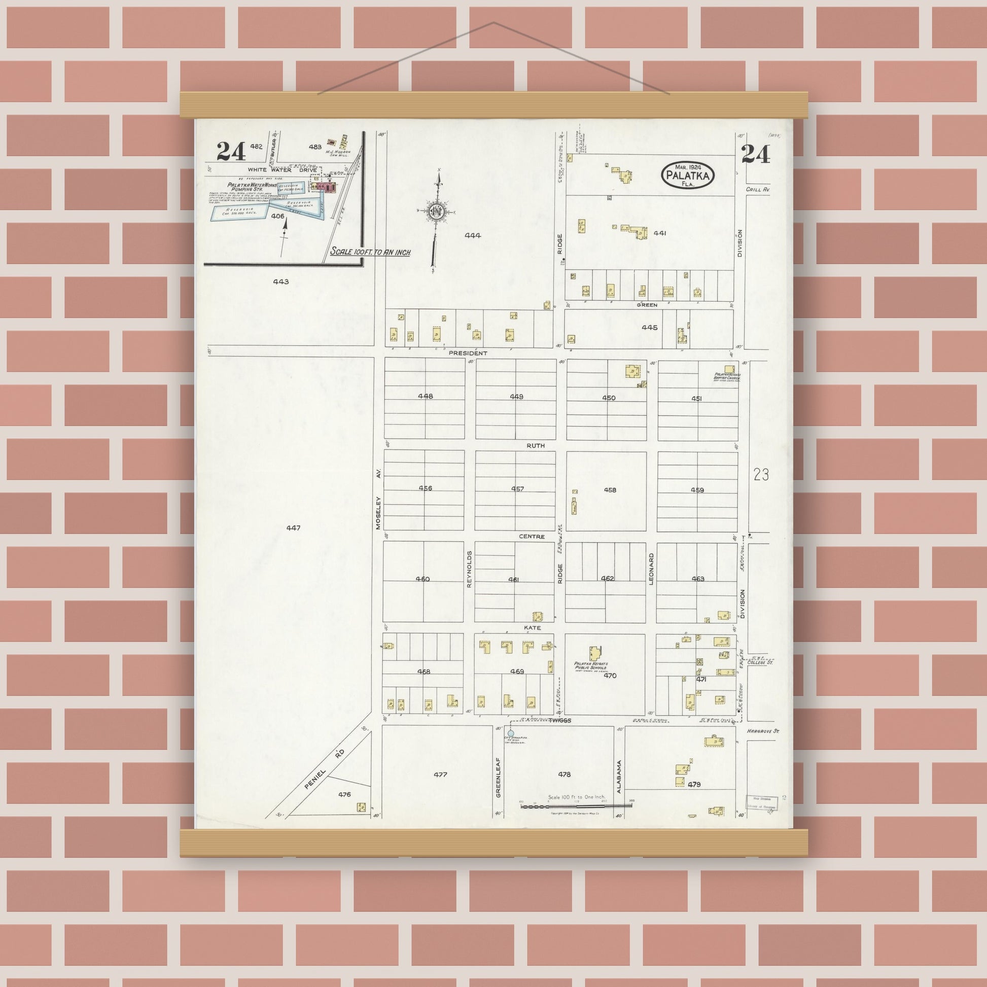 Old map wall art mockup — magnetic wood frame on brick wall — Sanborn Fire Insurance Map from Palatka, Putnam County, Florida (1924), Sheet #0024