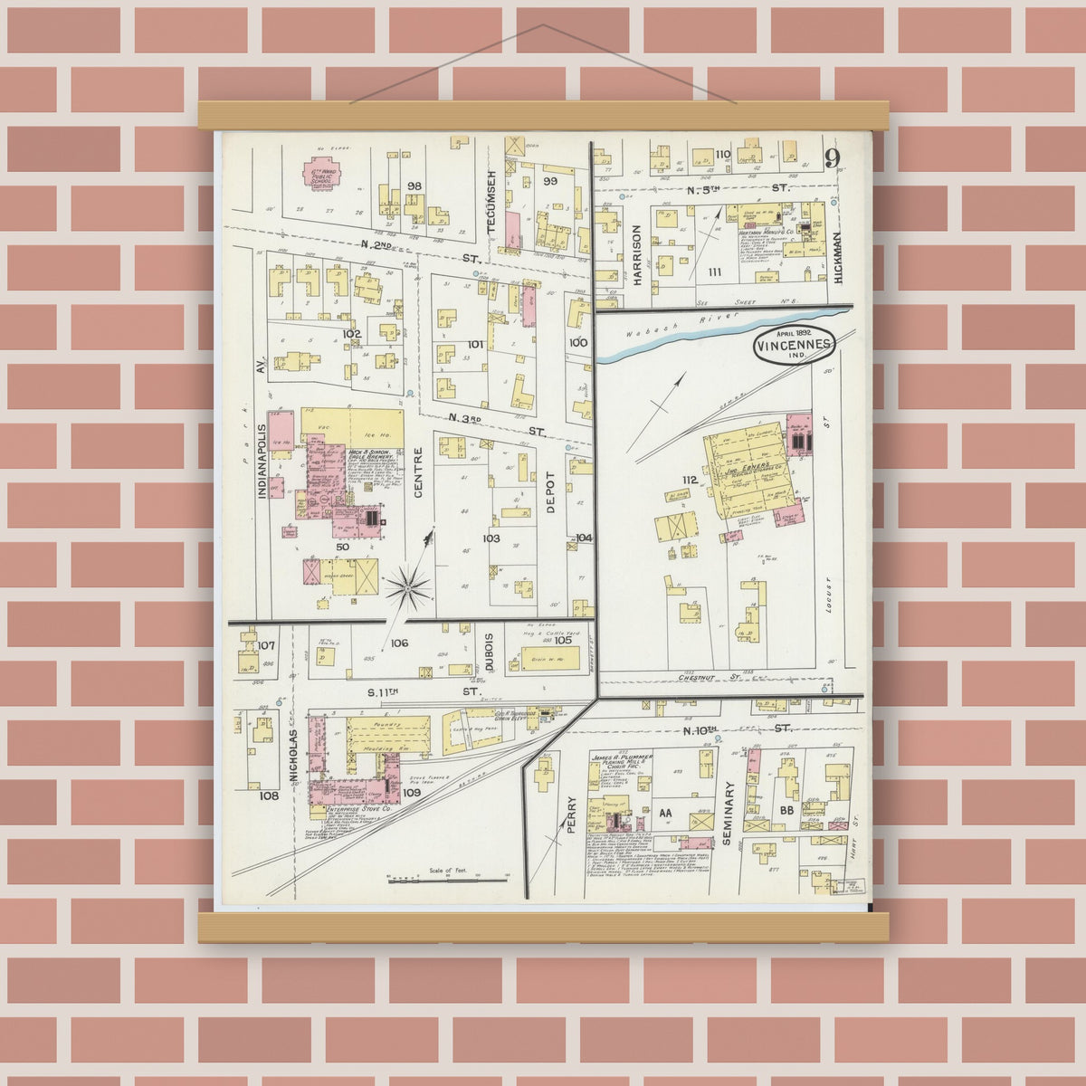 Old map wall art mockup — magnetic wood frame on brick wall — Sanborn Fire Insurance Map from Vincennes, Knox County, Indiana (1892), Sheet #0009