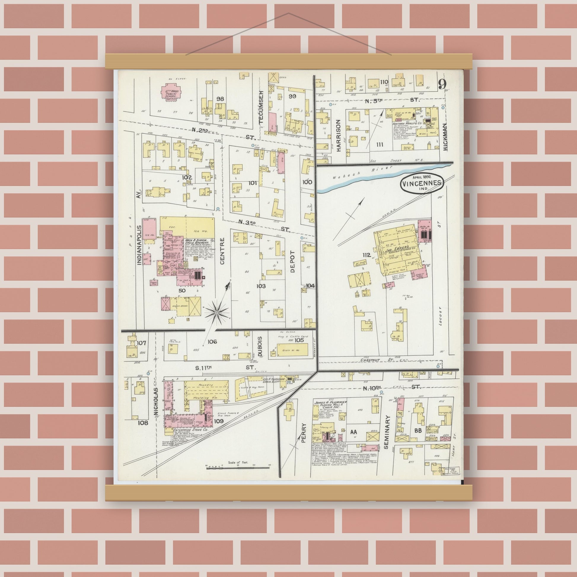 Old map wall art mockup — magnetic wood frame on brick wall — Sanborn Fire Insurance Map from Vincennes, Knox County, Indiana (1892), Sheet #0009