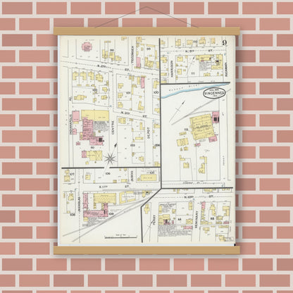 Old map wall art mockup — magnetic wood frame on brick wall — Sanborn Fire Insurance Map from Vincennes, Knox County, Indiana (1892), Sheet #0009