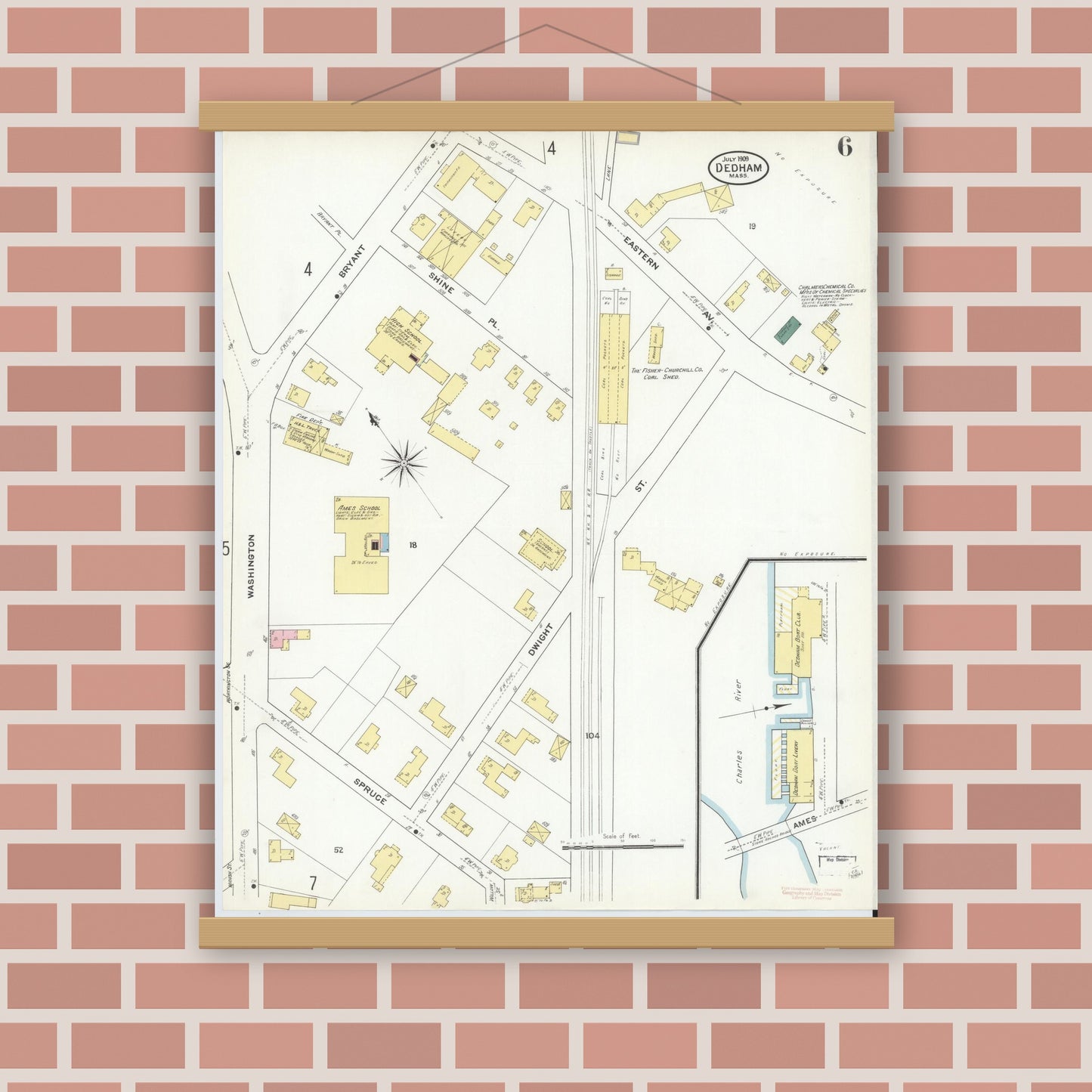 Old map wall art mockup — magnetic wood frame on brick wall — Sanborn Fire Insurance Map from Dedham, Norfolk County, Massachusetts (1909), Sheet #0006