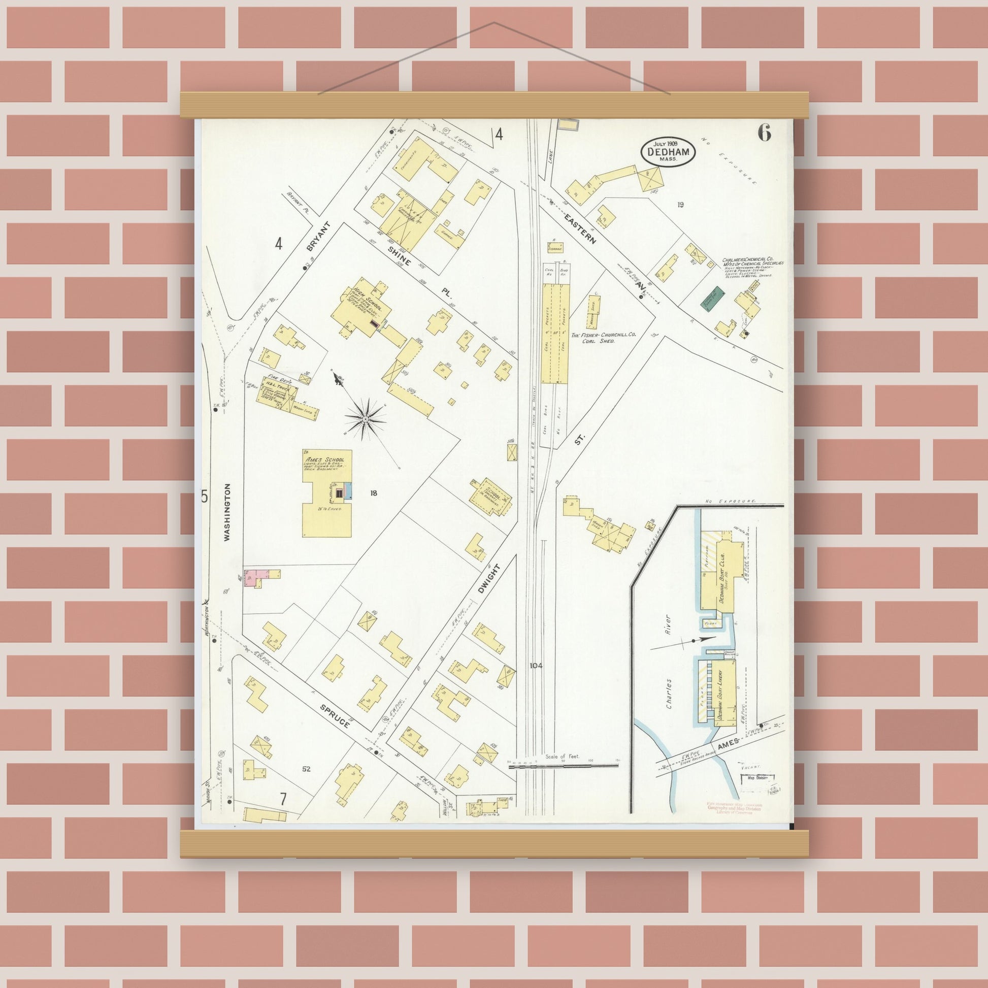 Old map wall art mockup — magnetic wood frame on brick wall — Sanborn Fire Insurance Map from Dedham, Norfolk County, Massachusetts (1909), Sheet #0006