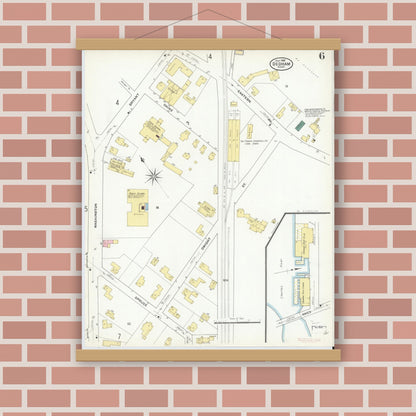 Old map wall art mockup — magnetic wood frame on brick wall — Sanborn Fire Insurance Map from Dedham, Norfolk County, Massachusetts (1909), Sheet #0006