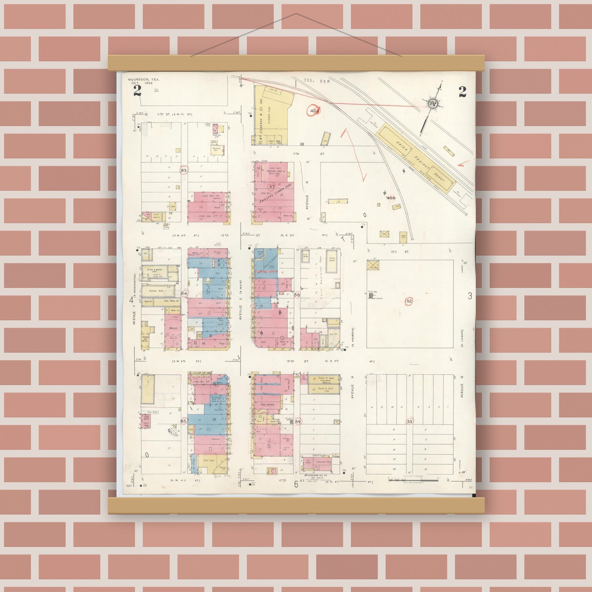 Old map wall art mockup — magnetic wood frame on brick wall — Sanborn Fire Insurance Map from McGregor, McLennan County, Texas (1942), Sheet #0002