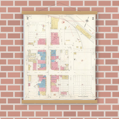 Old map wall art mockup — magnetic wood frame on brick wall — Sanborn Fire Insurance Map from McGregor, McLennan County, Texas (1942), Sheet #0002