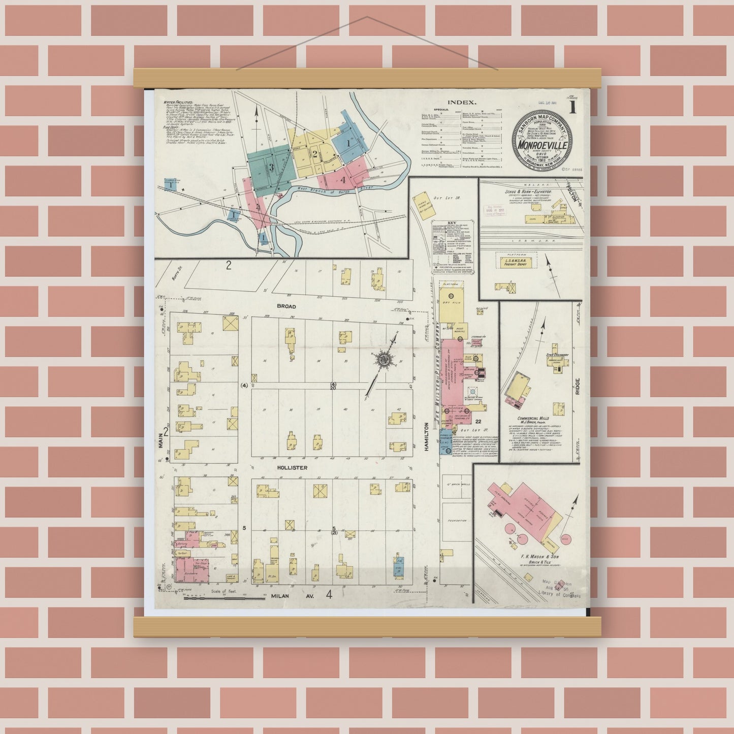 Old map wall art mockup — magnetic wood frame on brick wall — Sanborn Fire Insurance Map from Monroeville, Huron County, Ohio (1911) - Complete Map Set