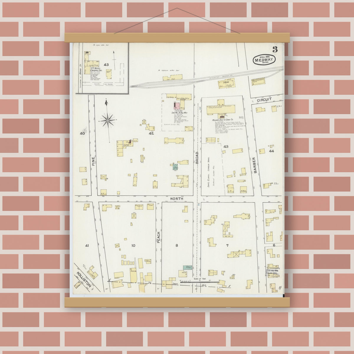 Old map wall art mockup — magnetic wood frame on brick wall — Sanborn Fire Insurance Map from Medway, Norfolk County, Massachusetts (1892), Sheet #0003