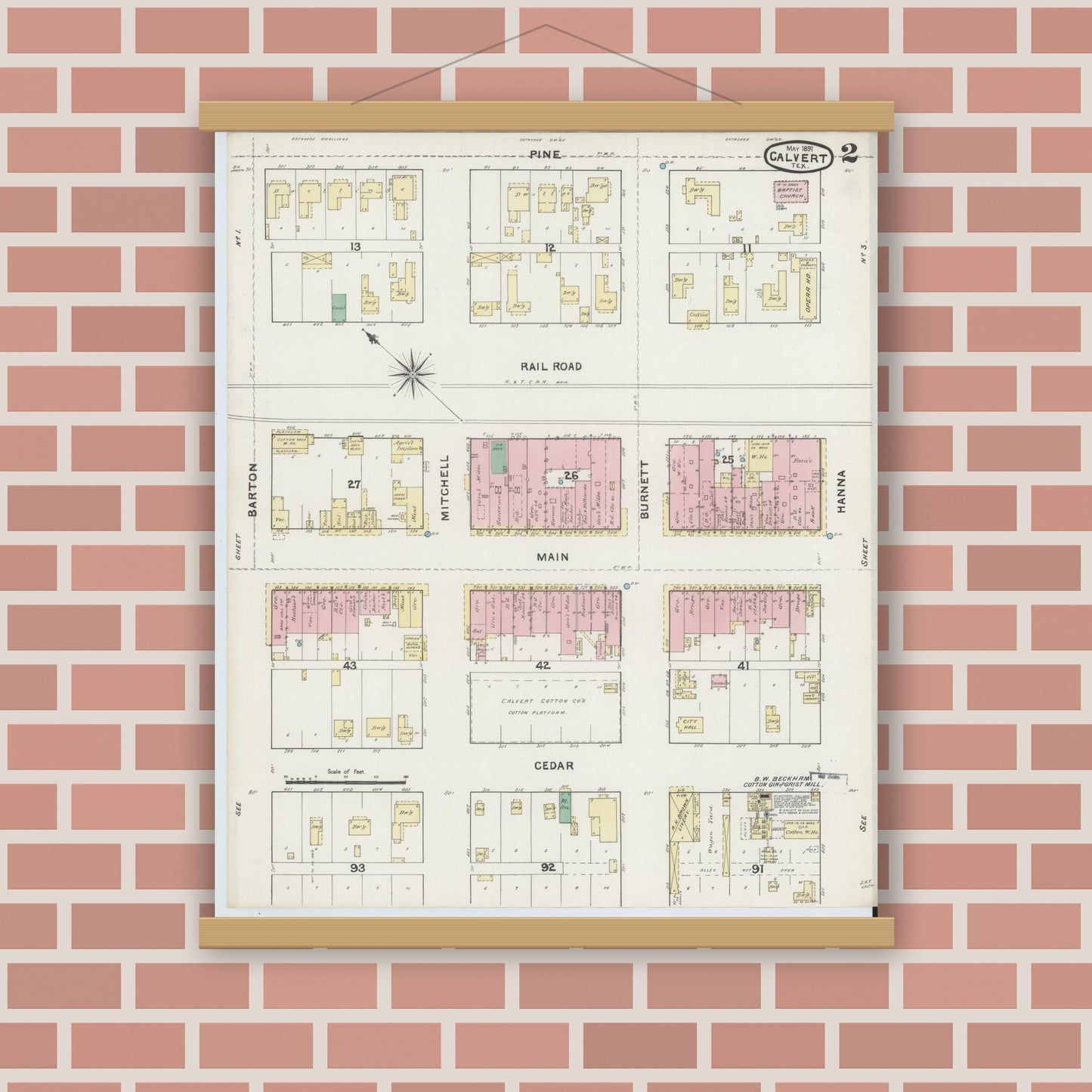 Old map wall art mockup — magnetic wood frame on brick wall — Sanborn Fire Insurance Map from Calvert, Robertson County, Texas (1891), Sheet #0002