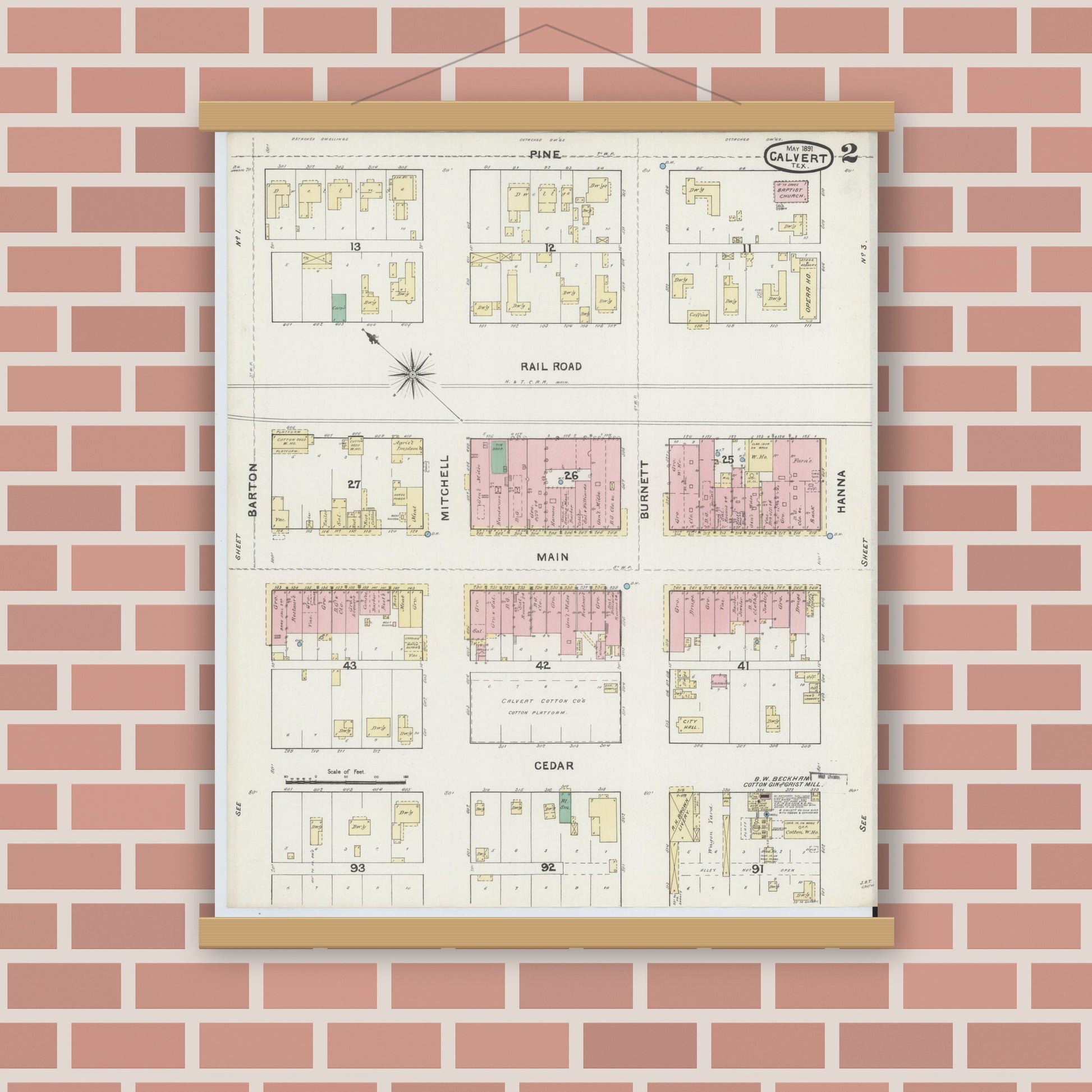 Old map wall art mockup — magnetic wood frame on brick wall — Sanborn Fire Insurance Map from Calvert, Robertson County, Texas (1891), Sheet #0002