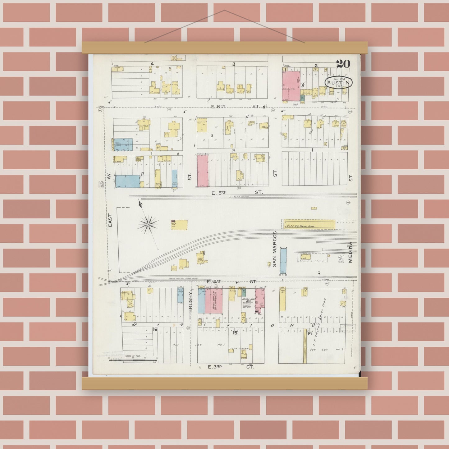 Old map wall art mockup — magnetic wood frame on brick wall — Sanborn Fire Insurance Map from Austin, Travis County, Texas (1894), Sheet #0020