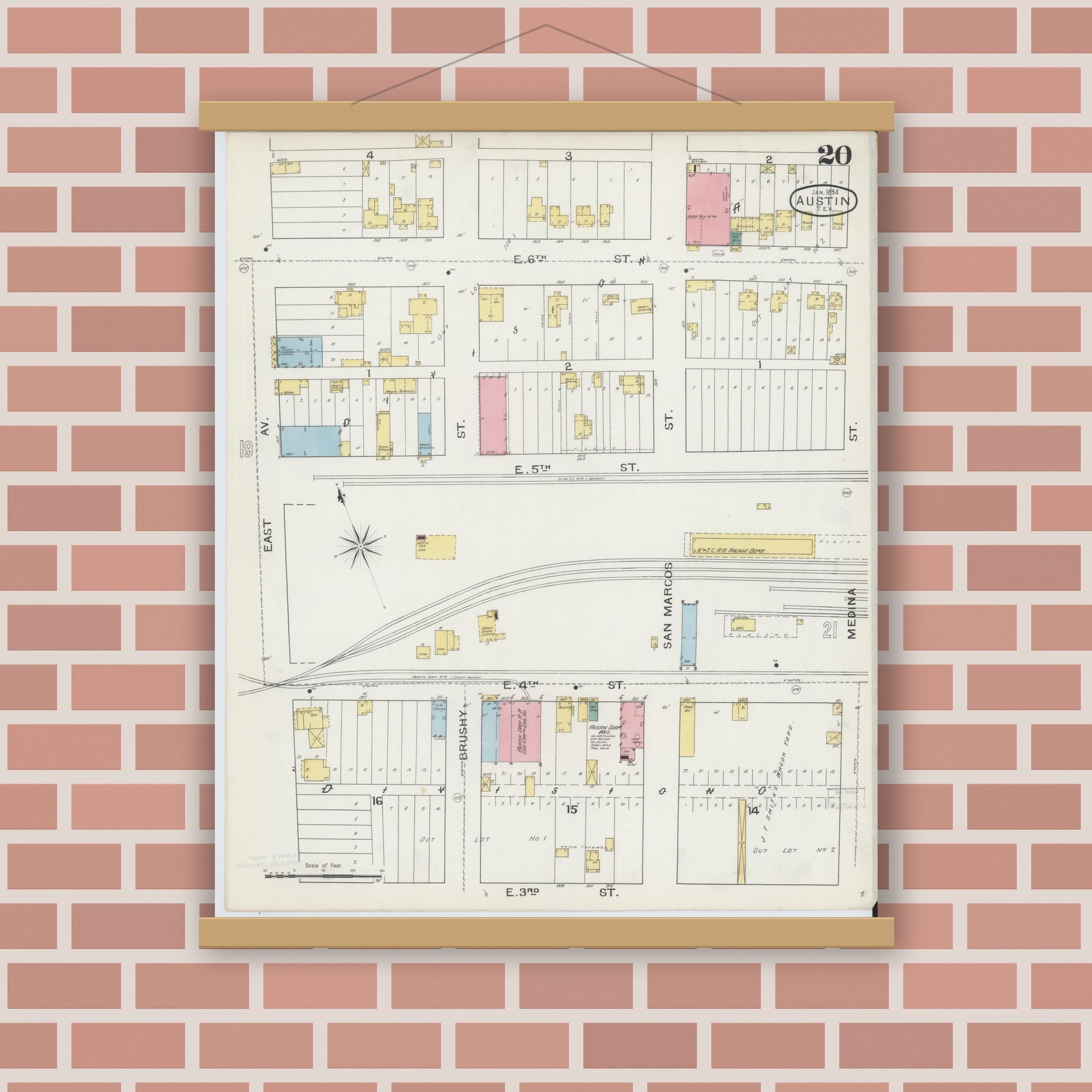 Old map wall art mockup — magnetic wood frame on brick wall — Sanborn Fire Insurance Map from Austin, Travis County, Texas (1894), Sheet #0020