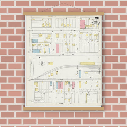 Old map wall art mockup — magnetic wood frame on brick wall — Sanborn Fire Insurance Map from Austin, Travis County, Texas (1894), Sheet #0020