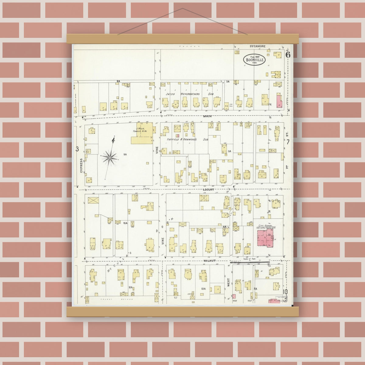 Old map wall art mockup — magnetic wood frame on brick wall — Sanborn Fire Insurance Map from Boonville, Warrick County, Indiana (1907), Sheet #0006