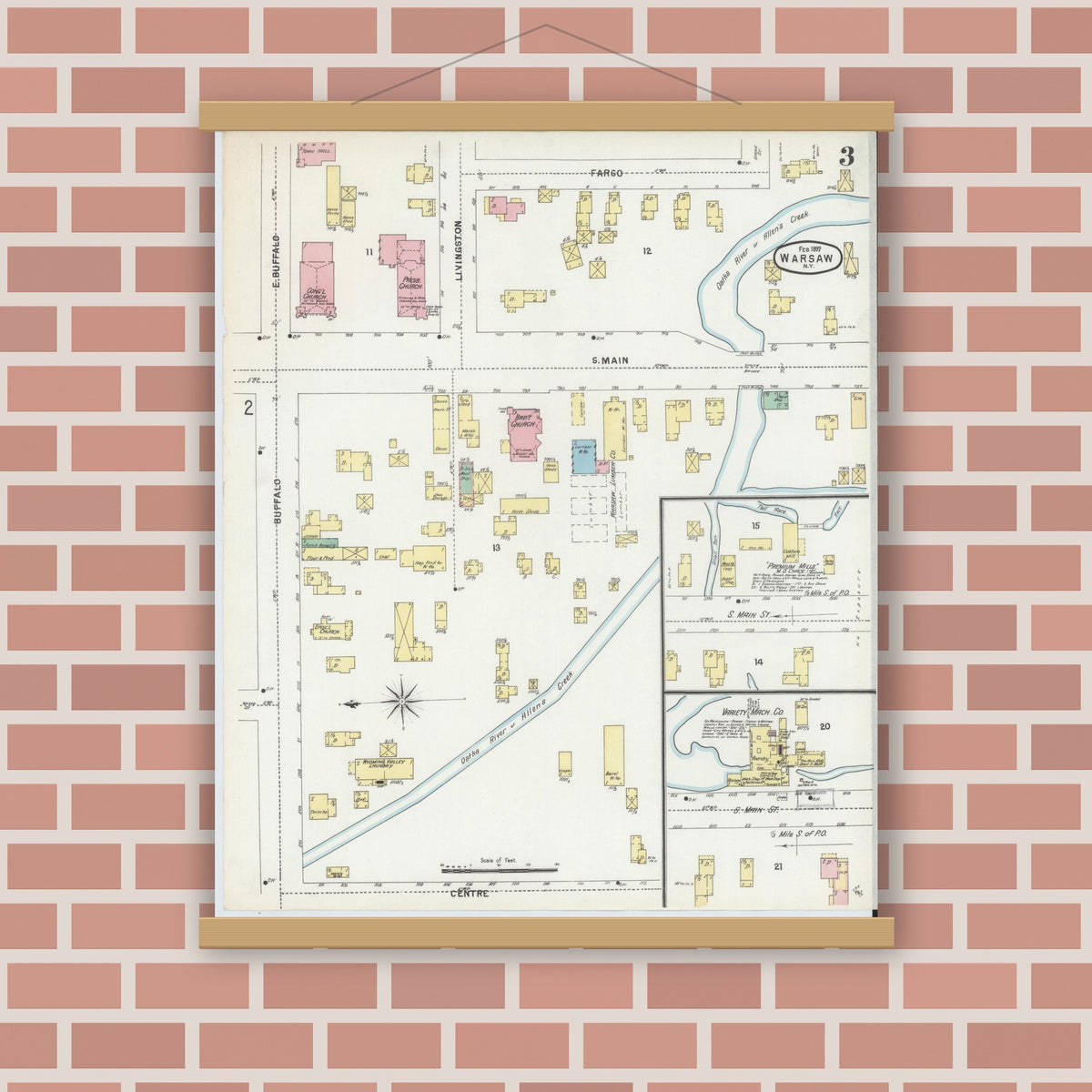 Old map wall art mockup — magnetic wood frame on brick wall — Sanborn Fire Insurance Map from Warsaw, Wyoming County, New York (1897), Sheet #0003