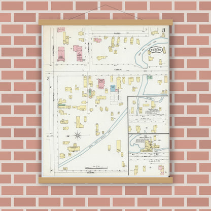 Old map wall art mockup — magnetic wood frame on brick wall — Sanborn Fire Insurance Map from Warsaw, Wyoming County, New York (1897), Sheet #0003