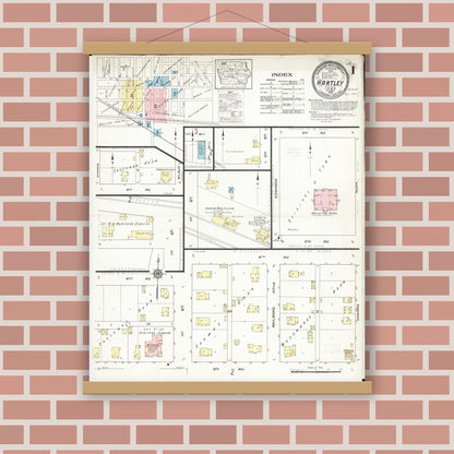 Old map wall art mockup — magnetic wood frame on brick wall — Sanborn Fire Insurance Map from Hartley, O'Brien County, Iowa (1914), Sheet #0001