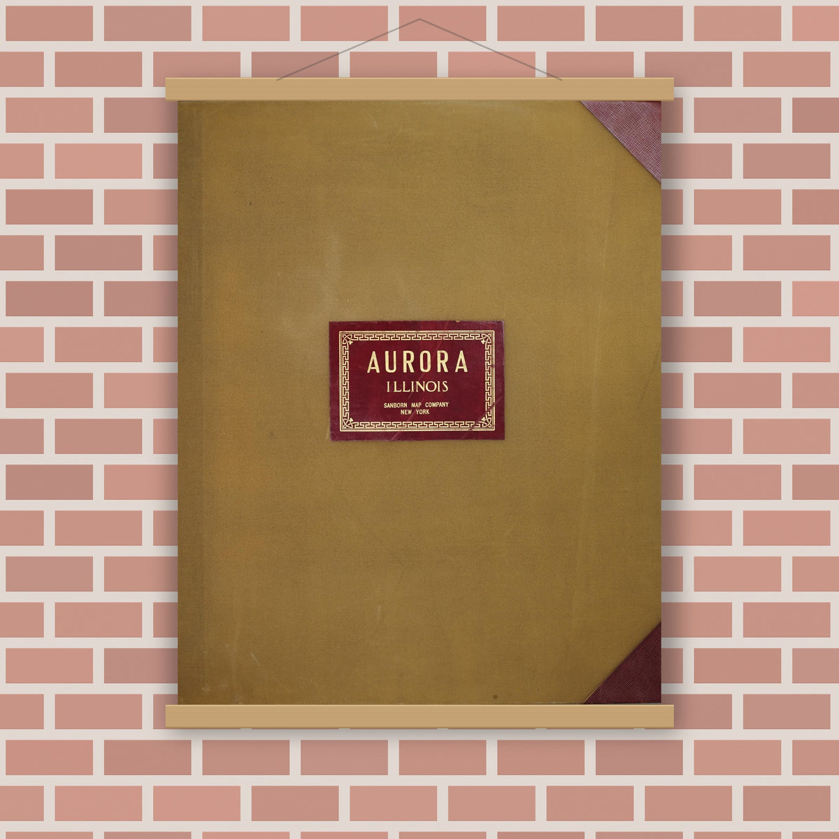 Old map wall art mockup — magnetic wood frame on brick wall — Sanborn Fire Insurance Map from Aurora, Kane County, Illinois (1950), Sheet #0001