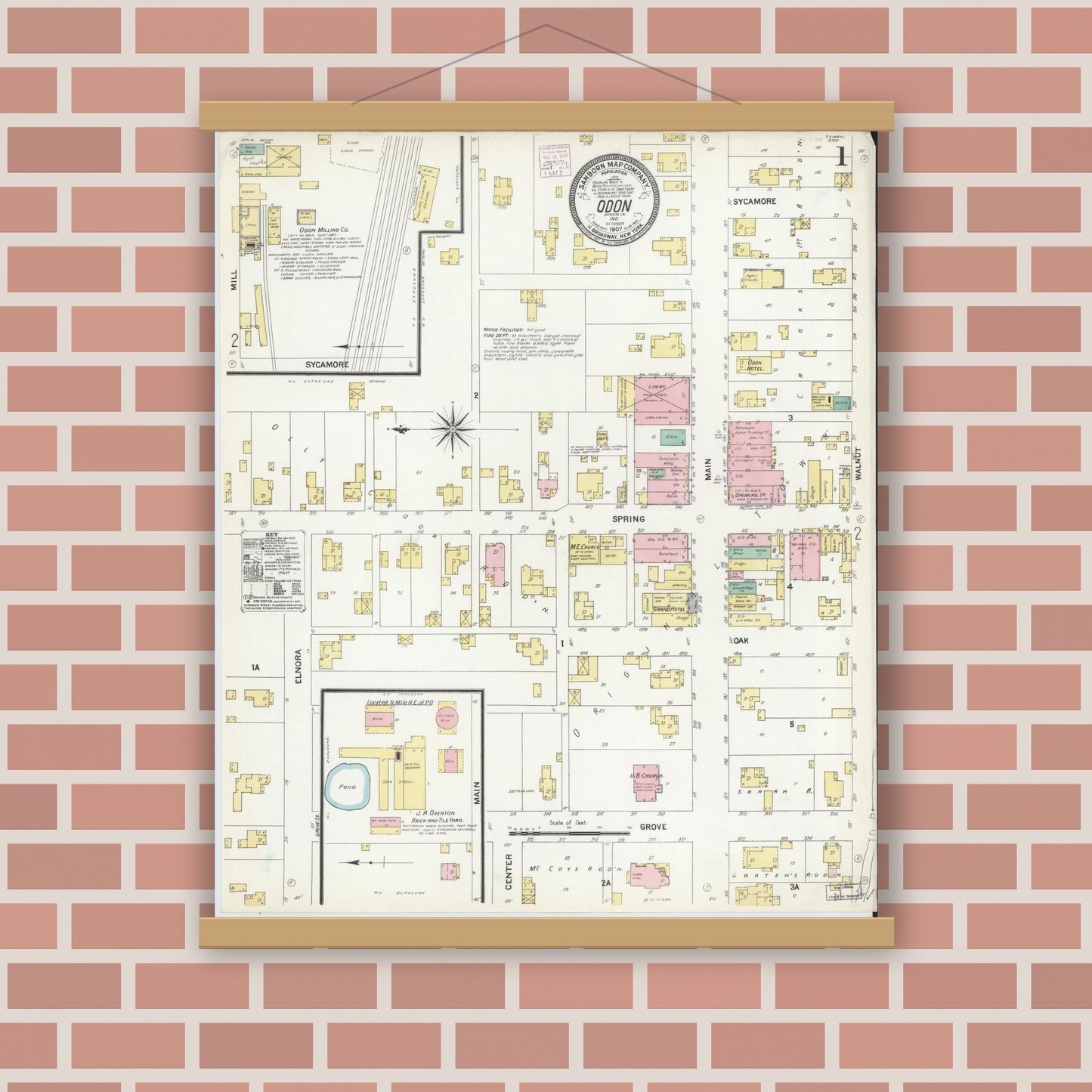 Old map wall art mockup — magnetic wood frame on brick wall — Sanborn Fire Insurance Map from Odon, Daviess County, Indiana (1907) - Complete Map Set