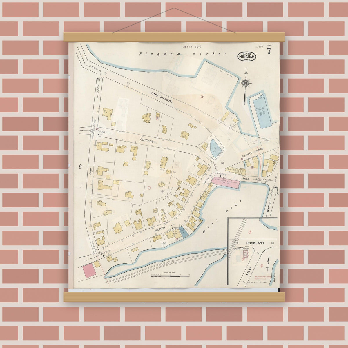 Old map wall art mockup — magnetic wood frame on brick wall — Sanborn Fire Insurance Map from Hingham, Plymouth County, Massachusetts (1948), Sheet #0007