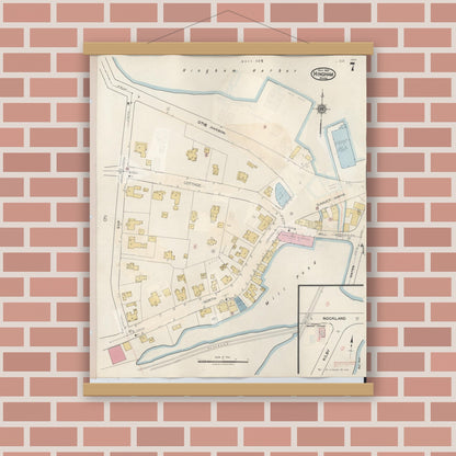 Old map wall art mockup — magnetic wood frame on brick wall — Sanborn Fire Insurance Map from Hingham, Plymouth County, Massachusetts (1948), Sheet #0007