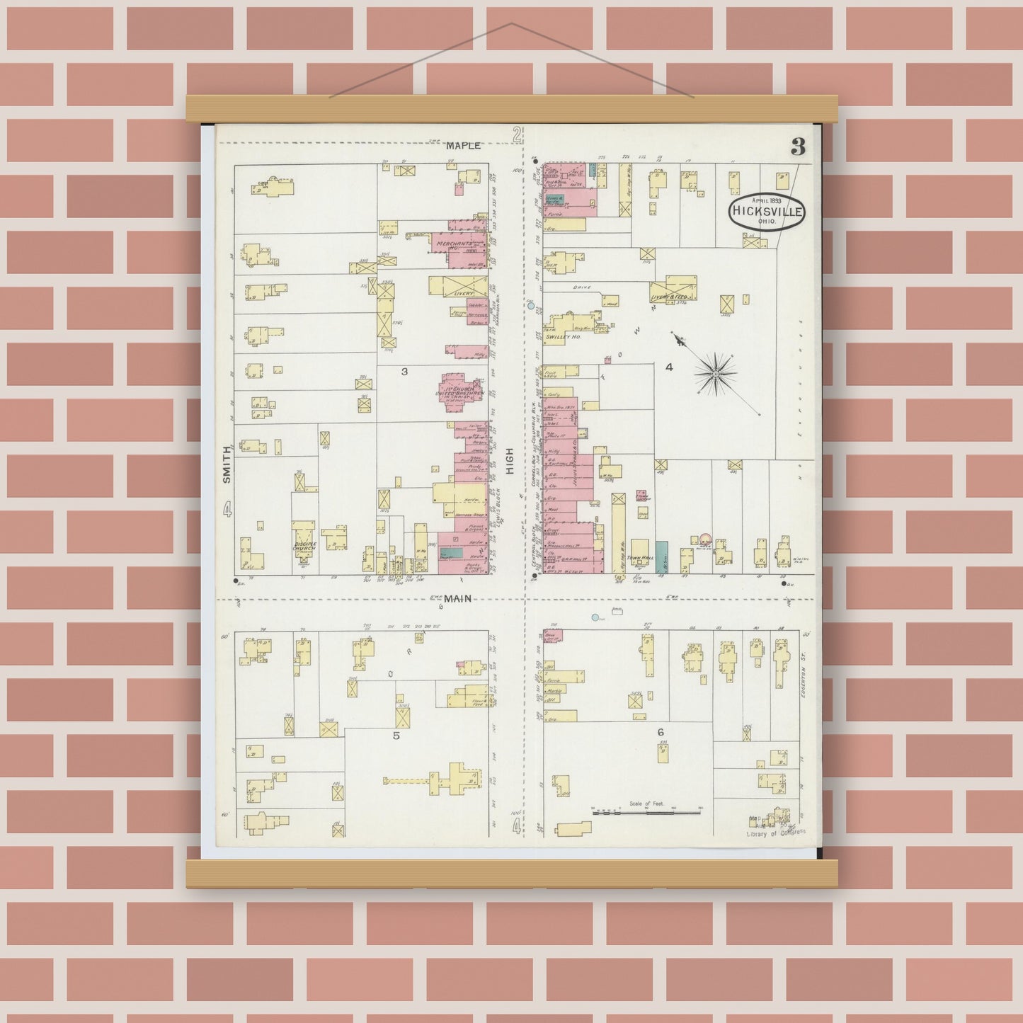 Old map wall art mockup — magnetic wood frame on brick wall — Sanborn Fire Insurance Map from Hicksville, Defiance County, Ohio (1893), Sheet #0003