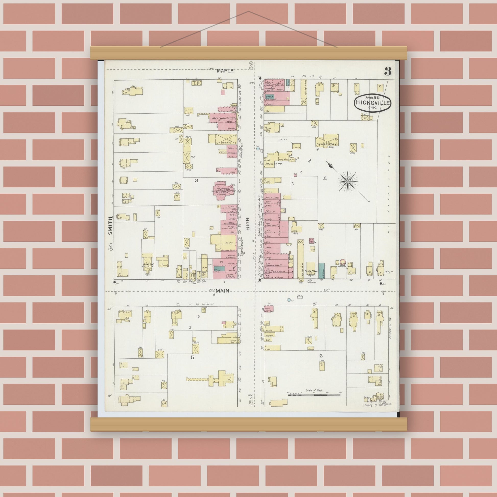 Old map wall art mockup — magnetic wood frame on brick wall — Sanborn Fire Insurance Map from Hicksville, Defiance County, Ohio (1893), Sheet #0003