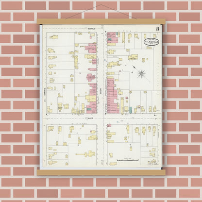 Old map wall art mockup — magnetic wood frame on brick wall — Sanborn Fire Insurance Map from Hicksville, Defiance County, Ohio (1893), Sheet #0003