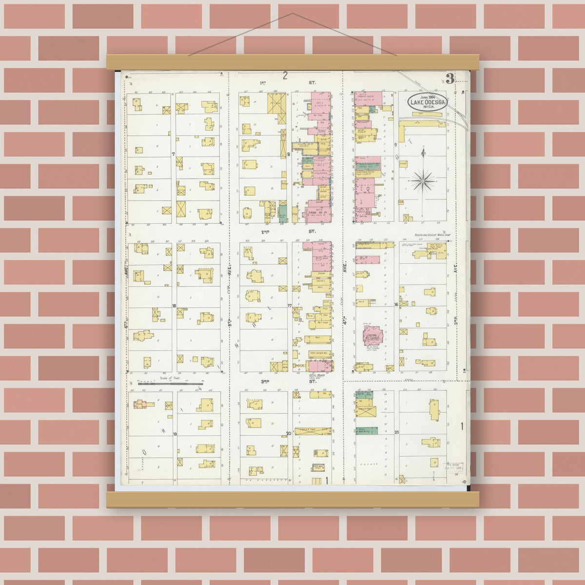 Old map wall art mockup — magnetic wood frame on brick wall — Sanborn Fire Insurance Map from Lake Odessa, Ionia County, Michigan (1904), Sheet #0003