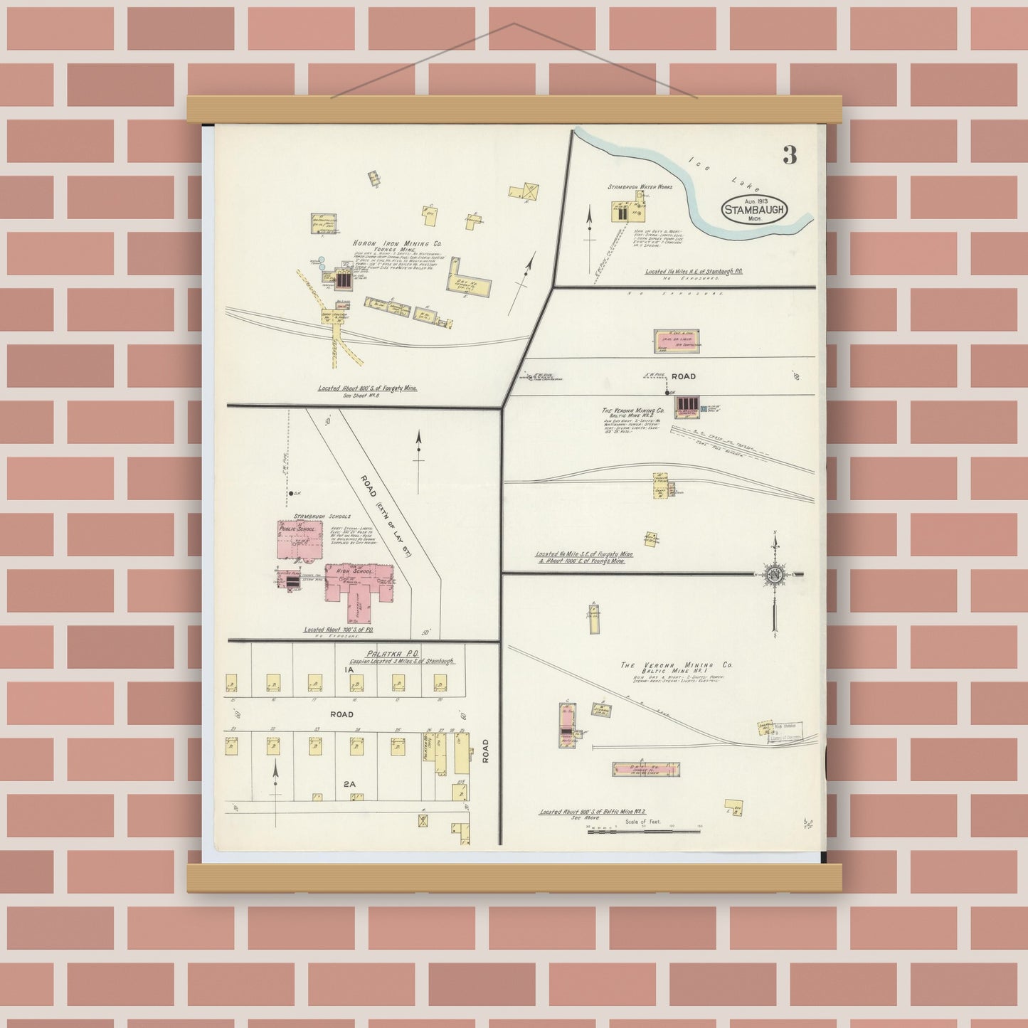 Old map wall art mockup — magnetic wood frame on brick wall — Sanborn Fire Insurance Map from Stambaugh, Iron County, Michigan (1913), Sheet #0003