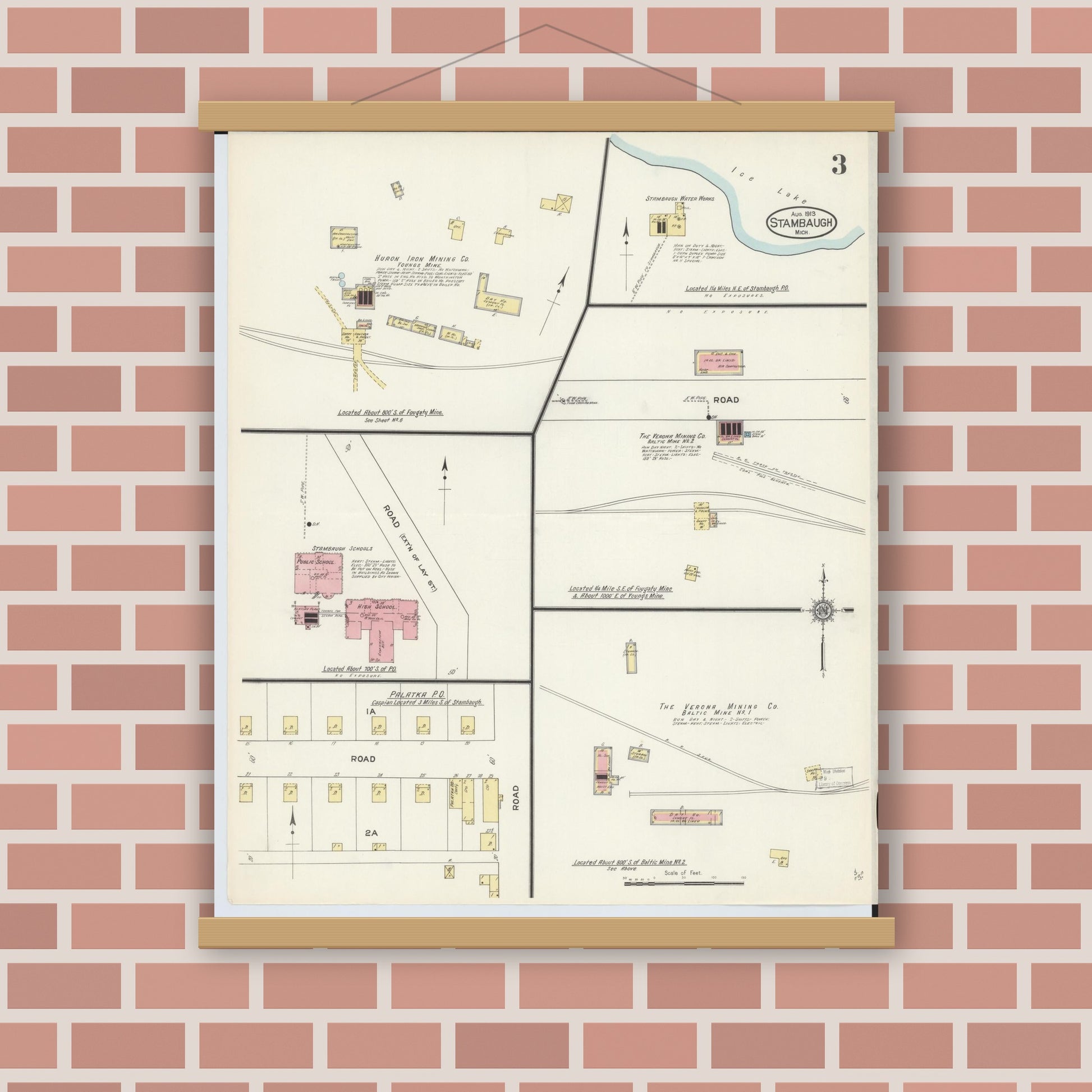 Old map wall art mockup — magnetic wood frame on brick wall — Sanborn Fire Insurance Map from Stambaugh, Iron County, Michigan (1913), Sheet #0003